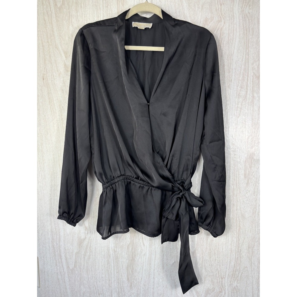 Michael Kors Satin Blouse Womens 12 Black Tie Neck Long Sleeve Career Work Chic - Picture 2 of 7